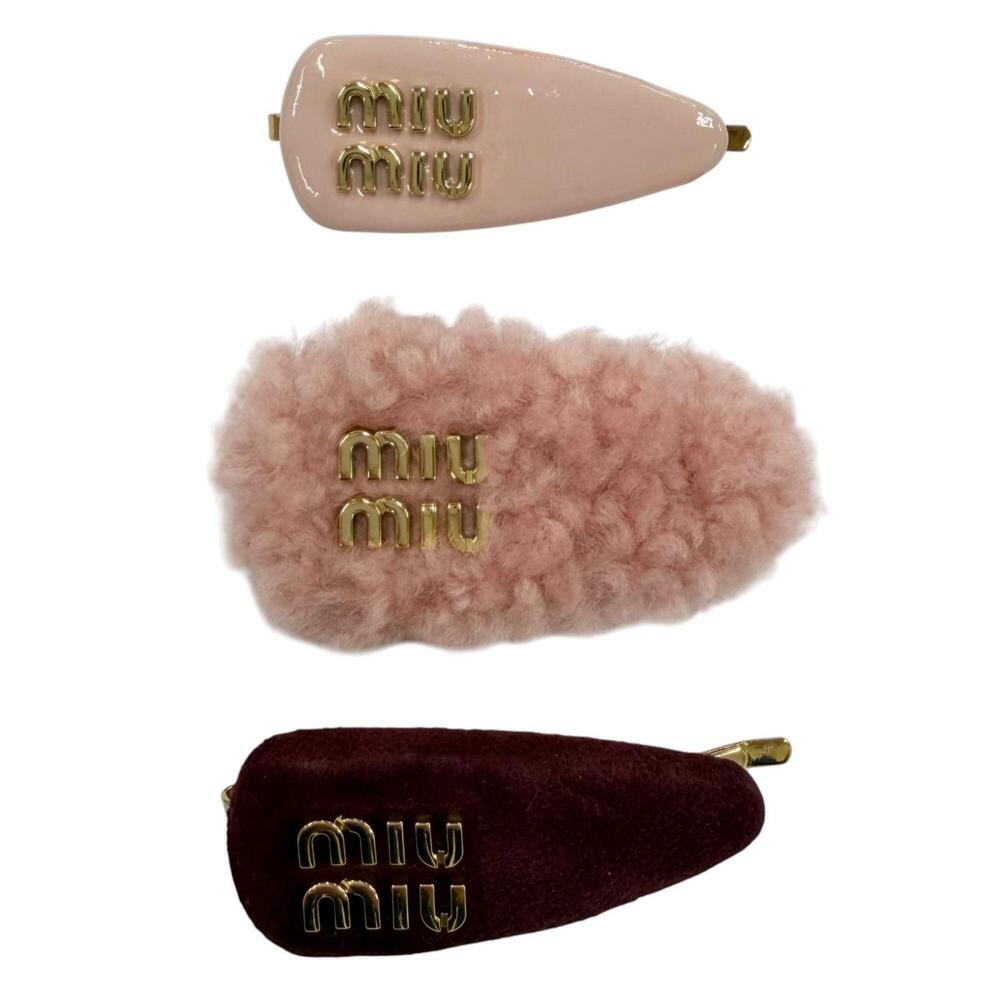 Miu Miu MIUMIU 5IF188 Logo Hair Clips, Set of 3, Leather Accessories, Pink & ...